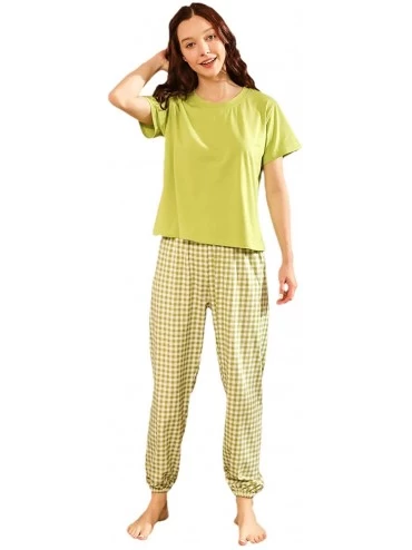 Sets Women's Cartoon Graphics Print Pajama Set Round Neck Tee and Pants Sleepwear - Grid Green - CO197X89Y28 $44.24
