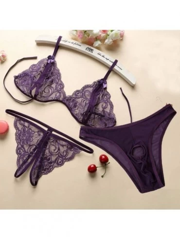 Bustiers & Corsets Couples Underwear 3 Piece Set Women Lace Bra Open Thong and Men Hollow Out Briefs - Purple - CE1947WO4DE $...