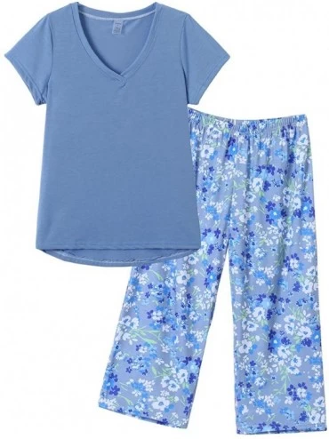 Sets Women's Capri Pajama Sets Plus Size Sleepwear Top with Capri Pants 2 Piece Sleep Set - Blue - C5190L0KOZH $32.78