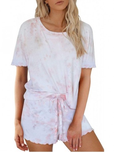 Sets Women's 2 Piece Tie Dye Printed Pajamas Set Ruffled T-Shirt Top Short Sweatpants Lougewear - Baby Pink - CA19D3Z3KWQ $46.47