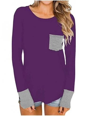 Nightgowns & Sleepshirts Women Solid Blouse Long Sleeve Stripe Stitching Casual Shirt Pullover Tops Tunics - Purple - CL193GM...