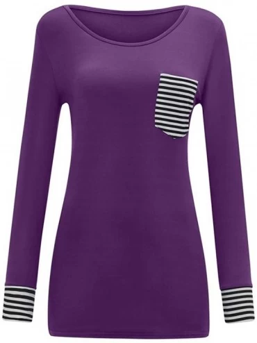 Nightgowns & Sleepshirts Women Solid Blouse Long Sleeve Stripe Stitching Casual Shirt Pullover Tops Tunics - Purple - CL193GM...