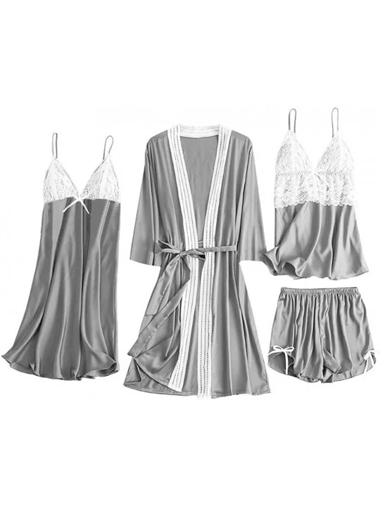 Thermal Underwear 4Pcs Womens Silk Satin Bathrobe Pajamas Nightgown Kimono Lace Sleepwear Babydoll Nightdress with Shorts Set...
