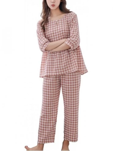 Sets Summer Plaid Sleepwear for Women Girls 3/4 Sleeve Pajamas Set Short Sleeve Nightdress - Orange - CY18TS0HYED $33.39