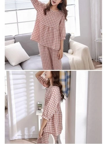 Sets Summer Plaid Sleepwear for Women Girls 3/4 Sleeve Pajamas Set Short Sleeve Nightdress - Orange - CY18TS0HYED $19.59