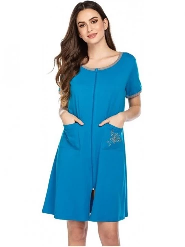Nightgowns & Sleepshirts Women Zipper Front House Coat Short Sleeves Robe Zip up Bathrobes Lace Nightgown with Pockets - A_de...