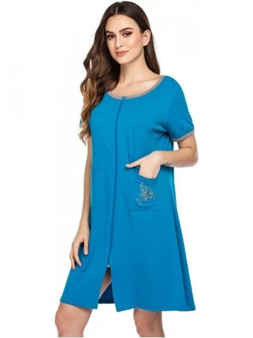 Nightgowns & Sleepshirts Women Zipper Front House Coat Short Sleeves Robe Zip up Bathrobes Lace Nightgown with Pockets - A_de...