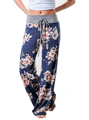 Bottoms Comfy Casual Pajama Pants Floral Print Drawstring Palazzo Lounge Pants Wide Leg - 02-blue - CY1947DRL3T $29.34