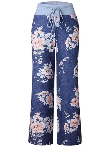 Bottoms Comfy Casual Pajama Pants Floral Print Drawstring Palazzo Lounge Pants Wide Leg - 02-blue - CY1947DRL3T $13.46