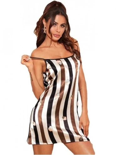 Nightgowns & Sleepshirts Women's Graphic Print Satin Nightgown Cami Sleepwear Dress - Brown Stripe - CB19G8YN8LN $21.61