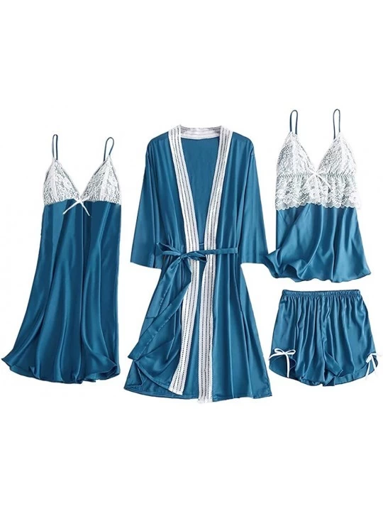 Garters & Garter Belts Women Lingerie Silk Lace Robe Dress Babydoll Nightdress Sleepwear Kimono 2 Piece Set - X02-blue - CB19...