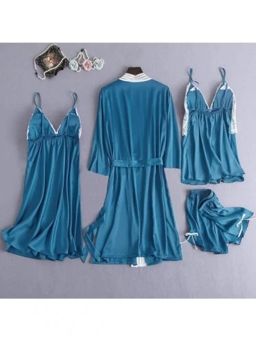 Garters & Garter Belts Women Lingerie Silk Lace Robe Dress Babydoll Nightdress Sleepwear Kimono 2 Piece Set - X02-blue - CB19...