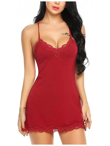 Robes Lingerie Nightgown Lace Sexy Chemise Nightgown Babydoll Soft Sleepwear - Red - C9194TLL6LL $8.65
