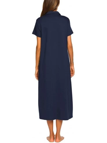 Nightgowns & Sleepshirts Women Zipper Robe Short Sleeve House Dress Full Length Sleepwear Duster Housecoat with Pockets - Nav...