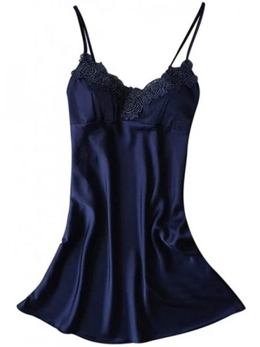 Sets Womens Night Dress for Valentine's Day Plus Size Bow Spaghetti Strap Lingerie Babydoll Sleepskirt Halter Satin Blue - C4...