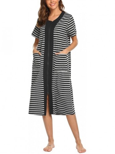 Nightgowns & Sleepshirts Zipper Front Housecoat Short Sleeve & Half Sleeve Zip Nightgown Long Houedress with Pockets - Black ...