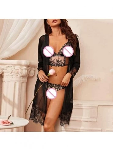 Baby Dolls & Chemises Dresses Lace Nightdress Woman Babydoll Transparent Sexy Cardigan Pajamas Dress - Black - C519832XT65 $1...