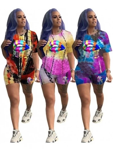 Sets Womens 2 Piece Outfits Tie Dye Short Sleeve T Shirts + Biker Shorts Set Tracksuit Summer Casual Rompers Lip Yellow - CH1...