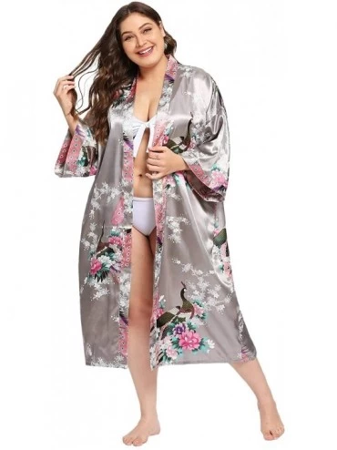 Robes Women's Plus Size Ruffle Hem Belted Satin Kimono Bridesmaids Robe - Grey - C219E0HQ4OQ $37.42