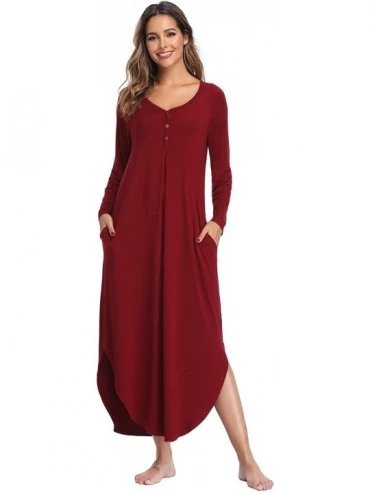 Nightgowns & Sleepshirts Long Sleeve Nightgowns for Women Oversized Pleated Sleepshirt Button- up Casual Loungewear with Pock...