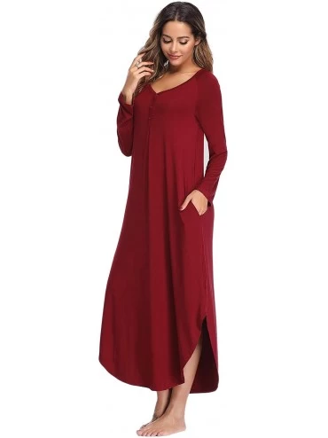 Nightgowns & Sleepshirts Long Sleeve Nightgowns for Women Oversized Pleated Sleepshirt Button- up Casual Loungewear with Pock...