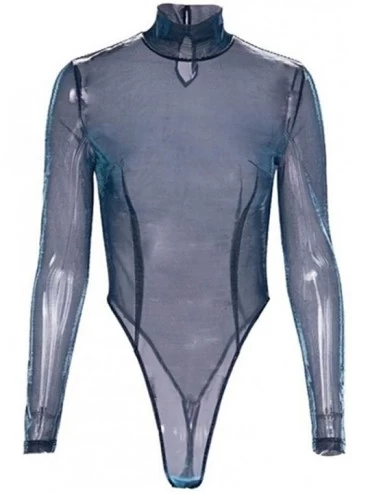 Shapewear Women Sexy Long Sleeve Bodysuit Sheer Mesh See Through Bodycon Jumpsuit Leotard Tops - Blue-black - CI197KU503S $12.17