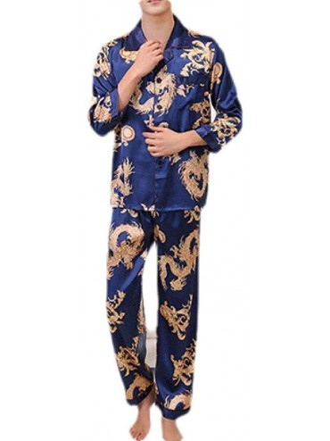 Sleep Sets Men's Dragon Satin Silky Sleepwear Pajamas Set Button-Down Loungewear - Dark Blue - CP192SU0937 $73.07