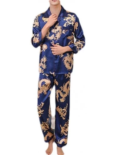 Sleep Sets Men's Dragon Satin Silky Sleepwear Pajamas Set Button-Down Loungewear - Dark Blue - CP192SU0937 $35.69
