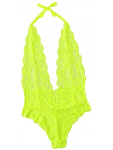 Garters & Garter Belts Women Sexy Lace Deep V-Neck Jumpsuit Lingerie Romper Backless Bodysuit Sleepwear - Green - CP194DXYLG6...