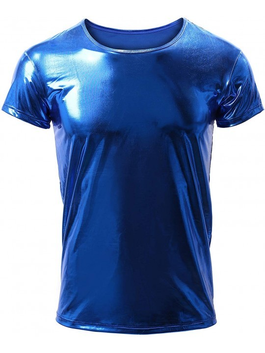 Undershirts Men's Metallic T Shirt Shiny Slim Fit Short Sleeve Pullover Nightclub Wear - Sapphire - CH19D8C0A4L $38.60