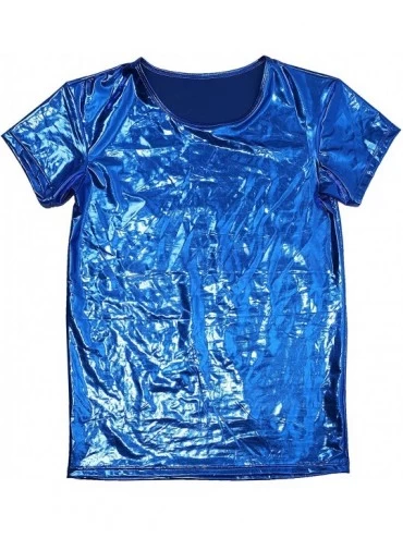 Undershirts Men's Metallic T Shirt Shiny Slim Fit Short Sleeve Pullover Nightclub Wear - Sapphire - CH19D8C0A4L $18.19