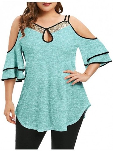 Thermal Underwear Womens Sequin Tops-Summer Strap Leaky Shoulder Hollow Out Short Sleeve T-Shirt - Green - CZ193Z30WUH $47.59