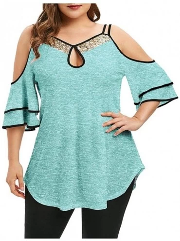 Thermal Underwear Womens Sequin Tops-Summer Strap Leaky Shoulder Hollow Out Short Sleeve T-Shirt - Green - CZ193Z30WUH $41.99