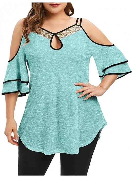 Thermal Underwear Womens Sequin Tops-Summer Strap Leaky Shoulder Hollow Out Short Sleeve T-Shirt - Green - CZ193Z30WUH $19.60
