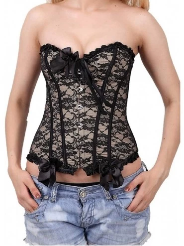 Bustiers & Corsets Womens Floral Lace Trim Corset Sexy Overbust Waist Cincher Bustier Top - Black - CY18I3EI6HH $16.25