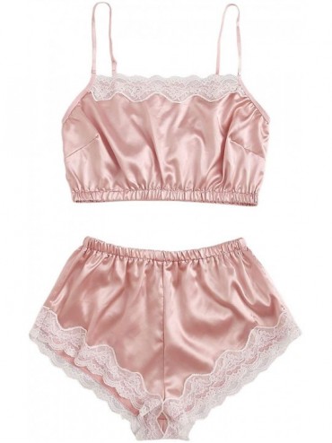 Sets Women's Lace Trim Satin Cami Top with Shorts Pajama Set Sleepwear - Pink3 - CB19DENDLN0 $41.04