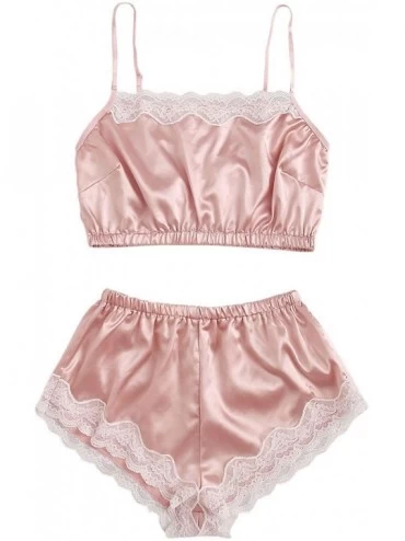 Sets Women's Lace Trim Satin Cami Top with Shorts Pajama Set Sleepwear - Pink3 - CB19DENDLN0 $35.31