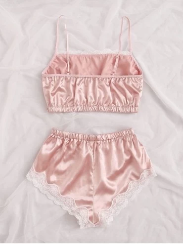 Sets Women's Lace Trim Satin Cami Top with Shorts Pajama Set Sleepwear - Pink3 - CB19DENDLN0 $18.61