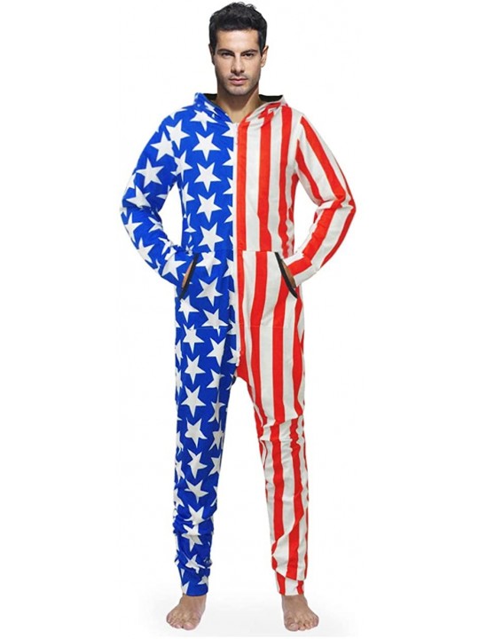 Sleep Sets Men's Unisex American-Flag Hooded Jumpsuit One-Piece Non Footed Pajamas - L - CR1994C4I38 $79.43