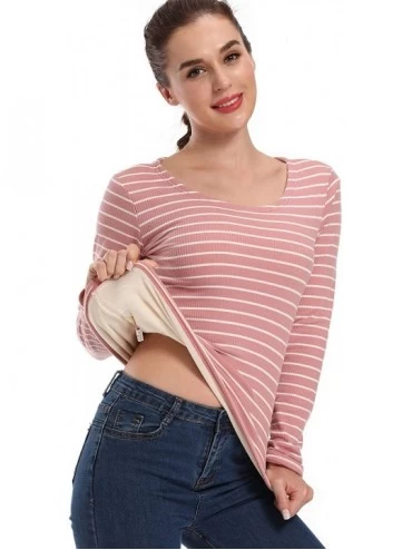 Thermal Underwear Women's Winter Shirts Fleece Lined Casual Baselayer Long Sleeve Striped T-Shirt - Pink - CE198DTSU36 $26.16