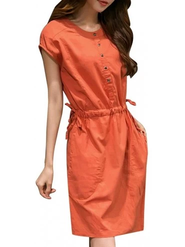 Tops Button Down Shirt Dress for Women Elegant Knee Length Short Sleeve Dresses Party - Orange - C618GUQ4CR4 $31.44