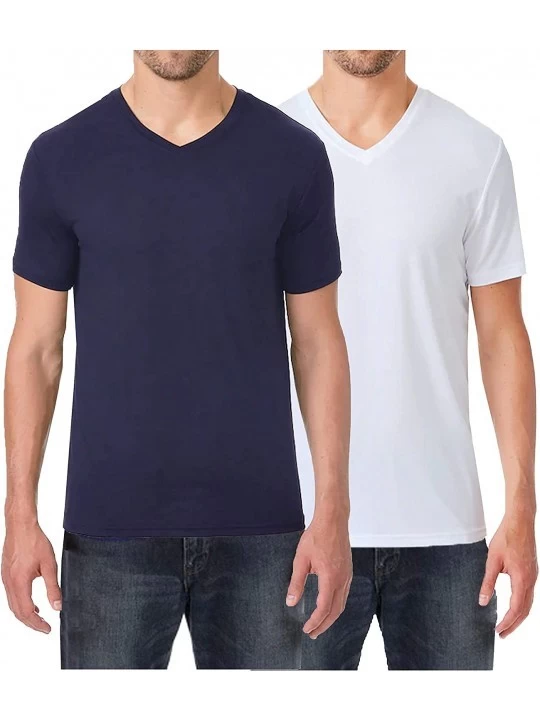 Undershirts Men's Short Sleeve V-Neck Cotton Stretch Tees - Navy - White - C118WSR50NN $18.02