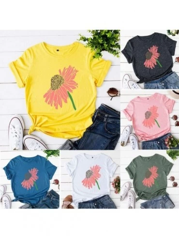 Tops Women's Cute Graphic T Shirts Loose O Neck Funny Floral Print Tees Casual Cotton Short Sleeve Top Blouse - White - CX197...