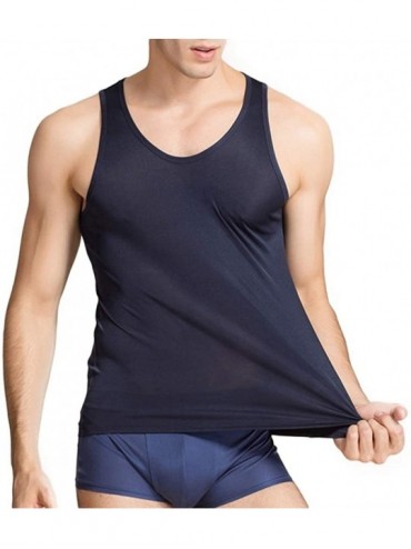 Undershirts Men's 100% Pure Silk Knitted T-Shirt Undershirts Slim Casual Tee Tops - Navy - C818SOQQ6CU $44.05