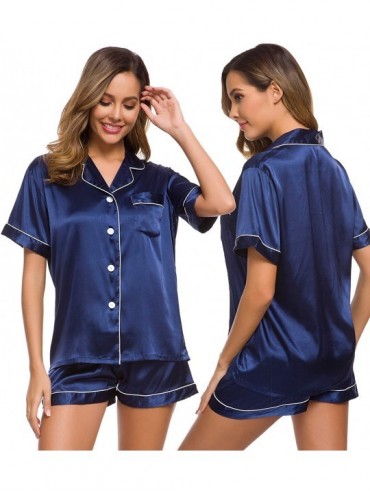 Sets Womens Silk Satin Pajamas Set Two-Piece Pj Sets Sleepwear Loungewear Button-Down Pj Sets - Navy Blue* - CP1994DKM4I $48.12