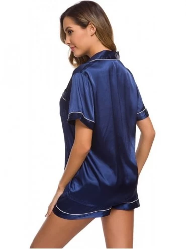 Sets Womens Silk Satin Pajamas Set Two-Piece Pj Sets Sleepwear Loungewear Button-Down Pj Sets - Navy Blue* - CP1994DKM4I $28.41