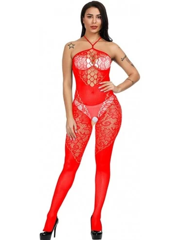 Bustiers & Corsets Teddy Lingerie for Women Babydoll Lace Features V-Neck Halter for Nightwear - Red - C018RL74NL7 $8.53