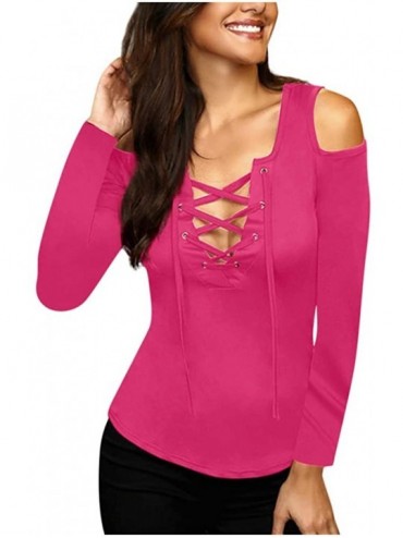 Thermal Underwear Women Plus Size Criss Cross T Shirts Hollow Out Cold Shoulder Casual Tops Blouse - Pink - CL193Z3XAWG $35.81