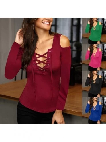 Thermal Underwear Women Plus Size Criss Cross T Shirts Hollow Out Cold Shoulder Casual Tops Blouse - Pink - CL193Z3XAWG $16.82