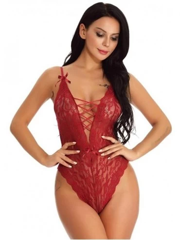 Baby Dolls & Chemises Sexy Lingerie for Sex Womens Teddy Lingerie One Piece Babydoll Deep V Sexy Lace Bandage Bodysuit Backle...